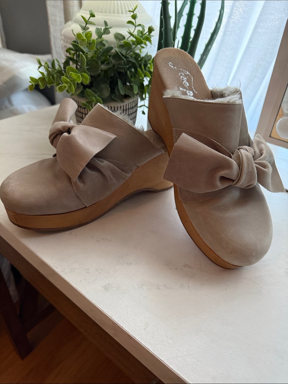 Free People Taupe Bow Wedge Mules